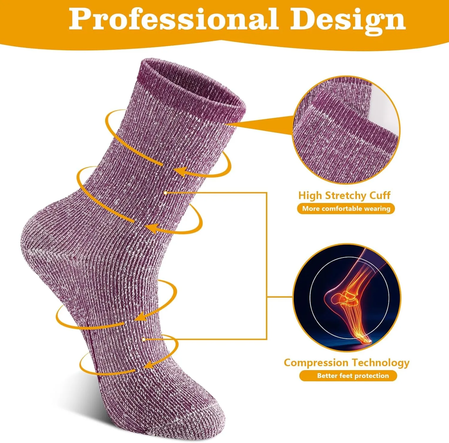 Merino Wool Hiking Socks for Women Thermal Winter Warm Boot Work Cushion Socks 4 Pairs