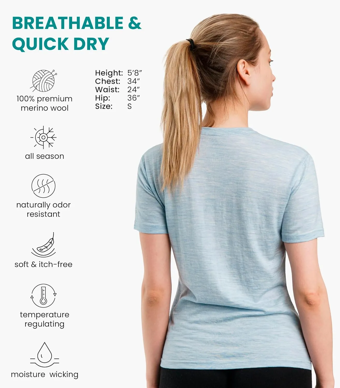 Merino.tech Merino Wool Shirt Women - 100% Merino Wool Base Layer Women Short Sleeve Tee