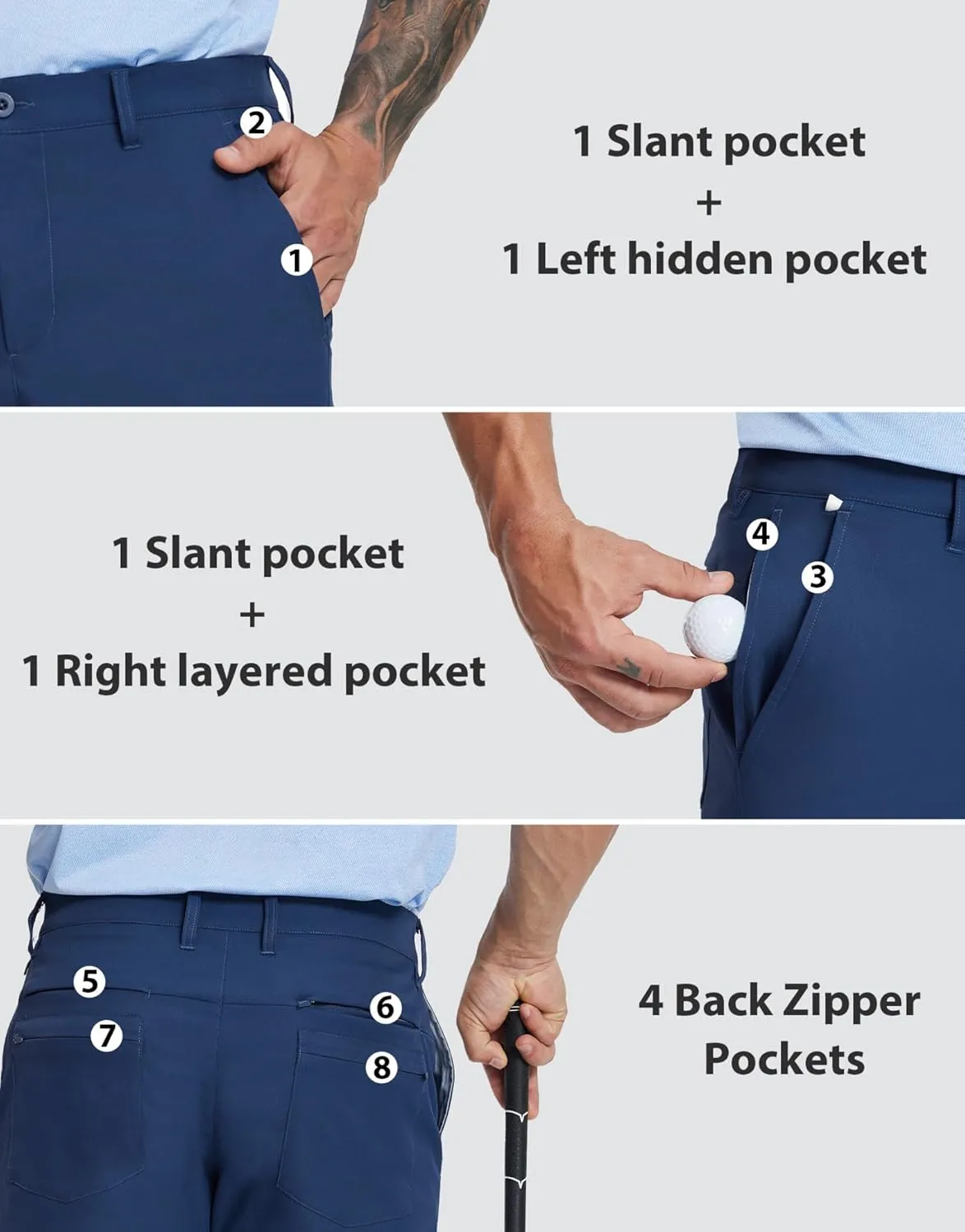 MICHEL ROUEN Golf Shorts Men 7" Solid 8 Pockets Lightweight Water-Resistant Flat Front Flex Stretch Casual Mens Dress Shorts