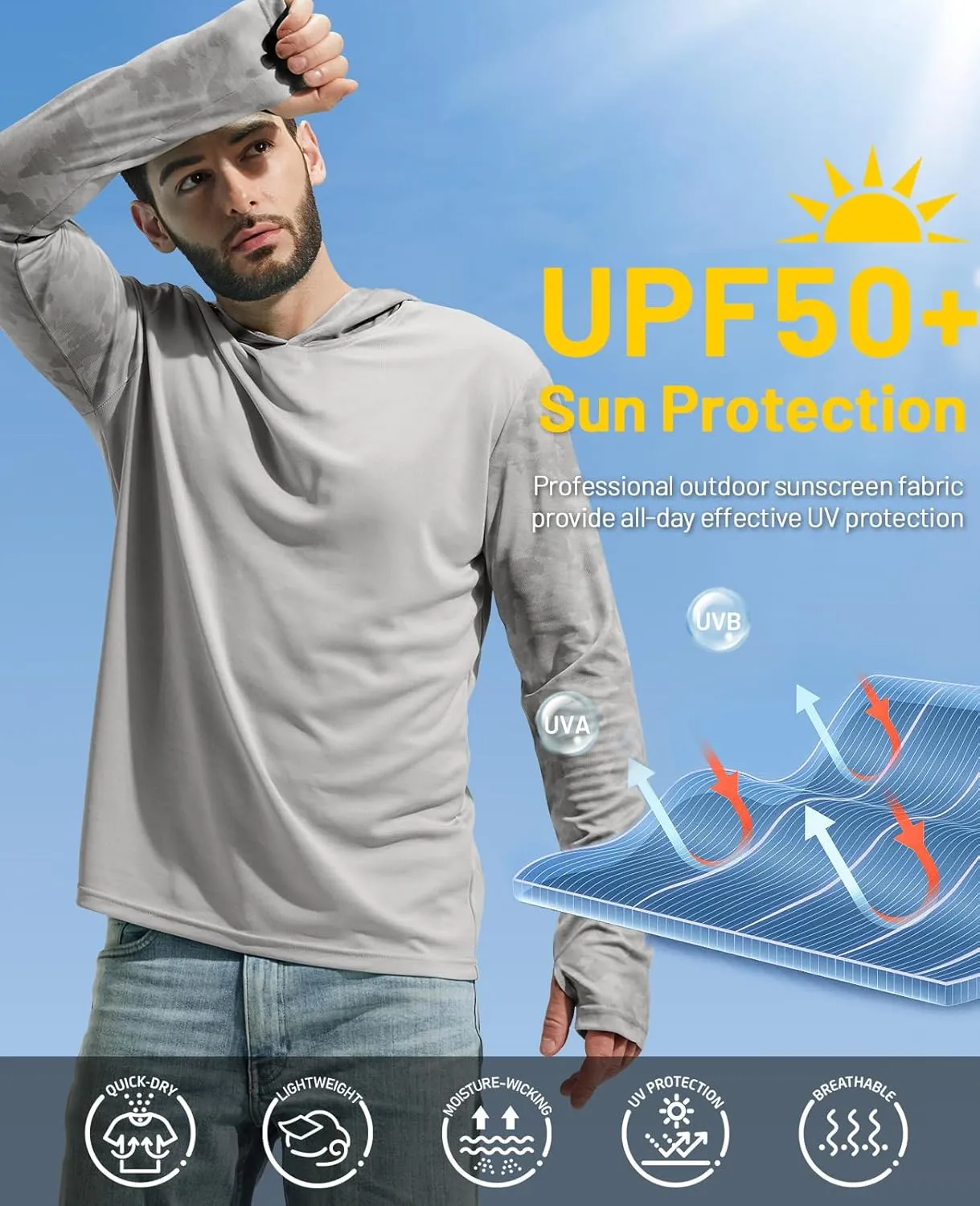 MIER Men's UPF 50  Sun Protection Hoodie Long Sleeve SPF Fishing Hiking Running Thumbhole Shirts Hooded Quick Dry Lightweight