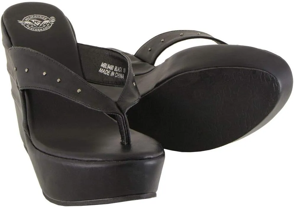 Milwaukee Leather MBL9460 Women's Black Wedge Fashion Casual Sandals with Studded Straps