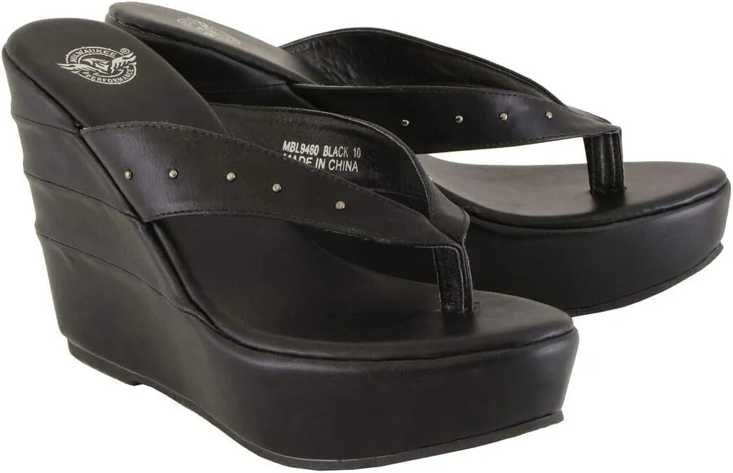 Milwaukee Leather MBL9460 Women's Black Wedge Fashion Casual Sandals with Studded Straps