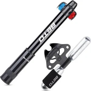Mini Bike Pump with CO2 Inflator - Dual Mode Hand Pump/ CO2 Valve - Portable Bike Tire Pump Patented Auto-Switching Twin Head Fit Presta/Schrader