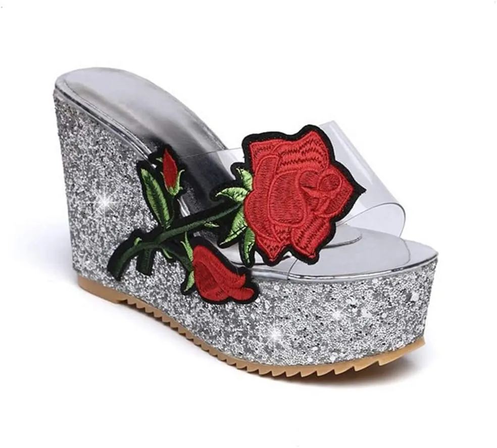 MIOKE Women's Glitter Sequins Wedge Platform Sandals Clear Flower Open Toe Slip On Thick High Heel Sandal