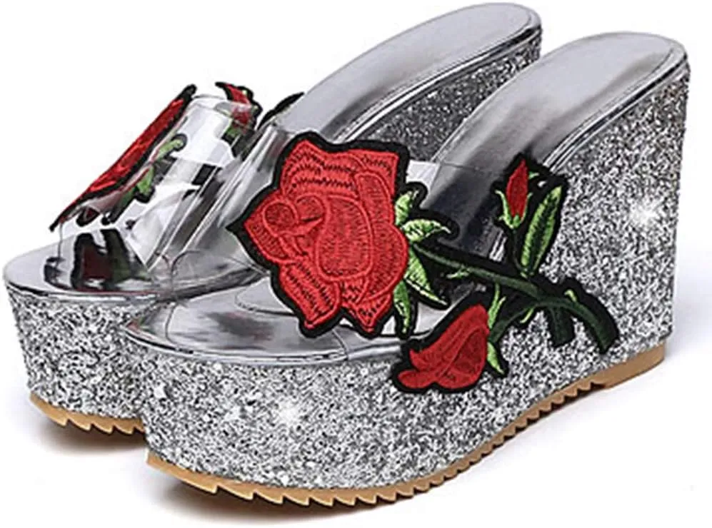 MIOKE Women's Glitter Sequins Wedge Platform Sandals Clear Flower Open Toe Slip On Thick High Heel Sandal