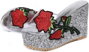 MIOKE Women's Glitter Sequins Wedge Platform Sandals Clear Flower Open Toe Slip On Thick High Heel Sandal