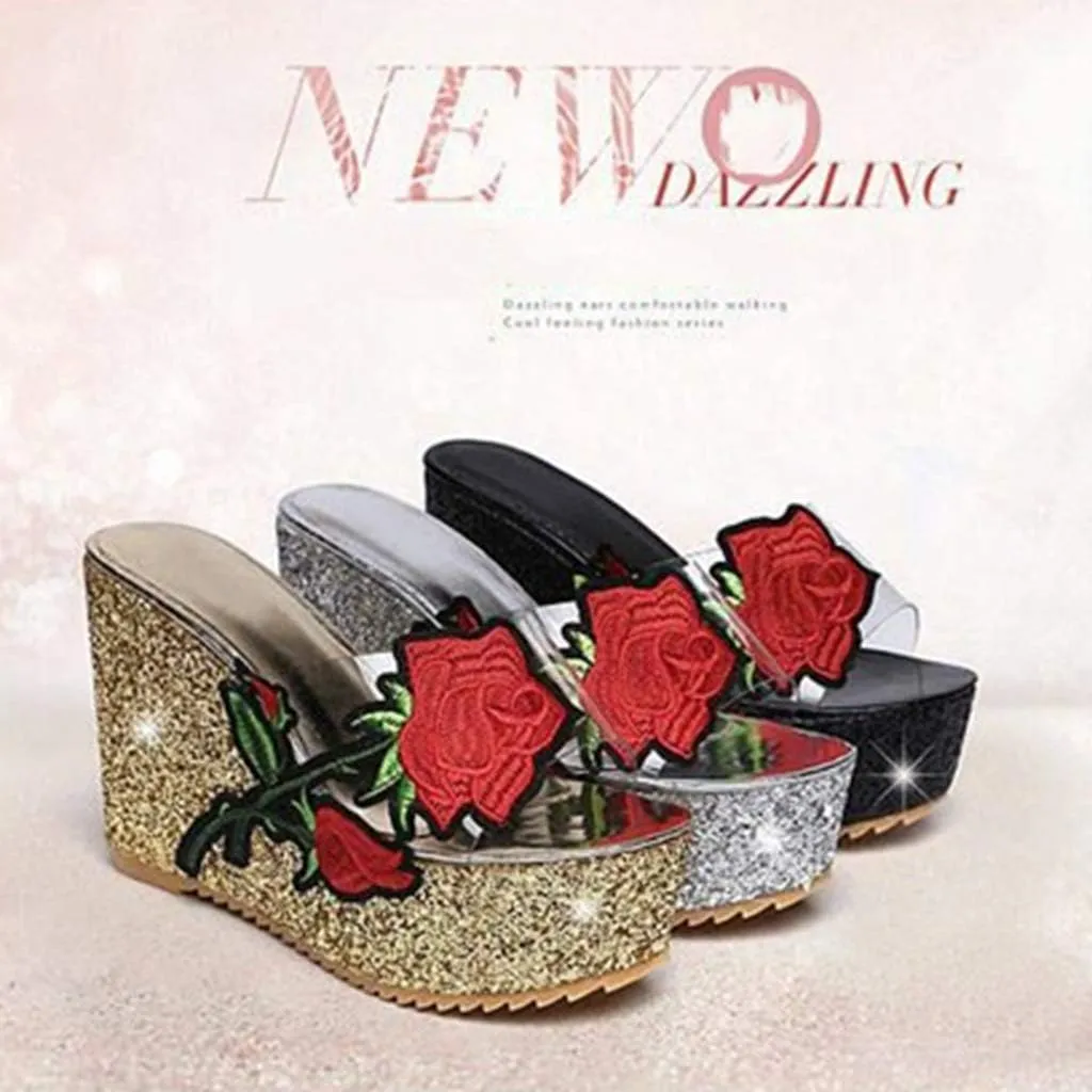 MIOKE Women's Glitter Sequins Wedge Platform Sandals Clear Flower Open Toe Slip On Thick High Heel Sandal