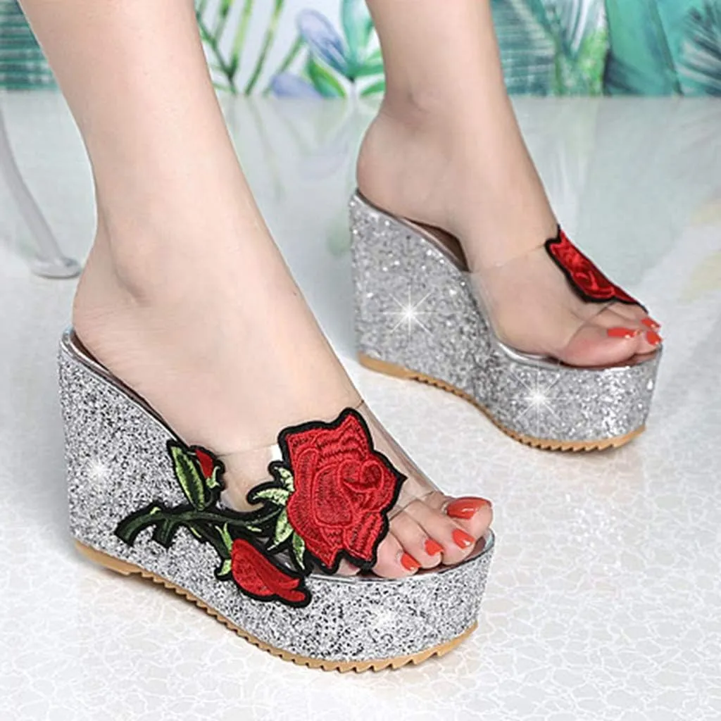 MIOKE Women's Glitter Sequins Wedge Platform Sandals Clear Flower Open Toe Slip On Thick High Heel Sandal