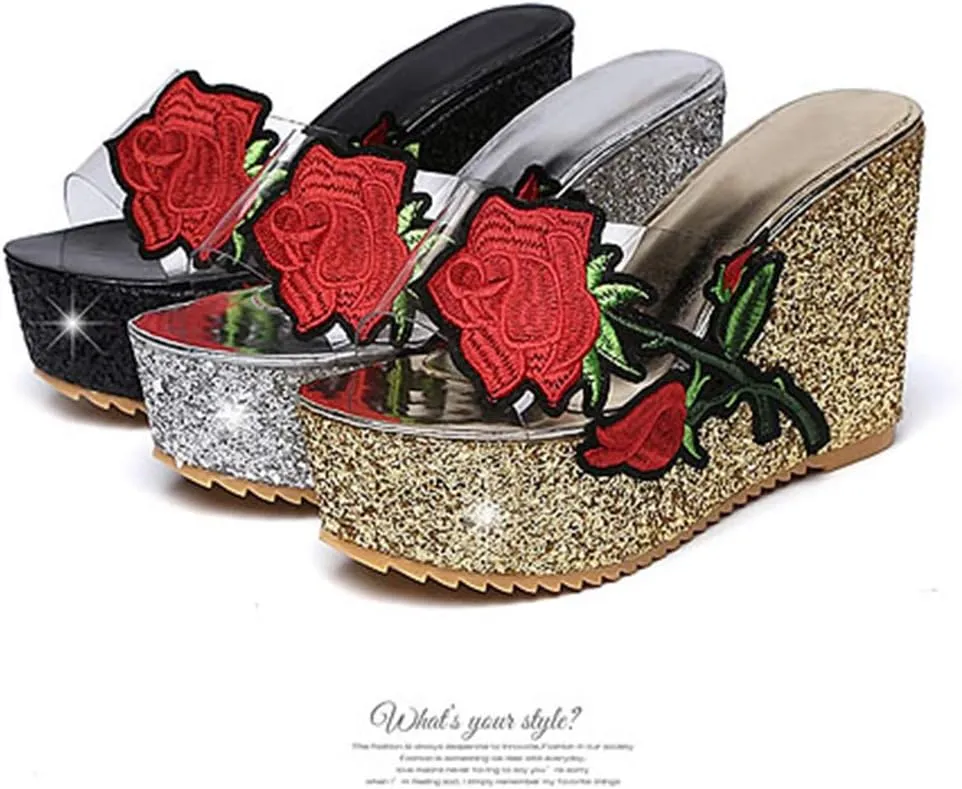 MIOKE Women's Glitter Sequins Wedge Platform Sandals Clear Flower Open Toe Slip On Thick High Heel Sandal