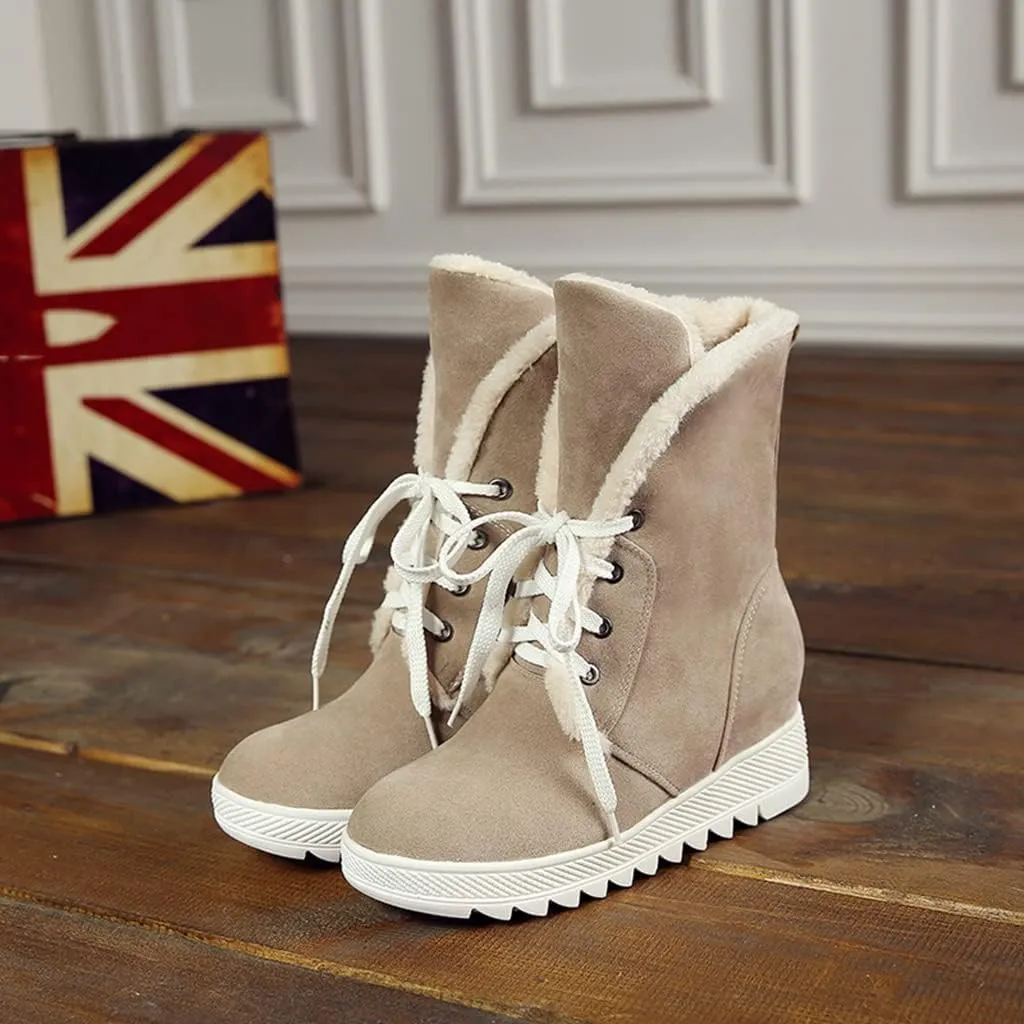 MIOKE Women's Suede Wedge Dressy Ankle Boots Round Toe Lace Up Platform Chunky High Heel Winter Short Bootie
