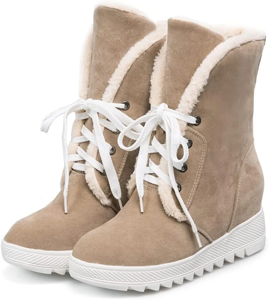 MIOKE Women's Suede Wedge Dressy Ankle Boots Round Toe Lace Up Platform Chunky High Heel Winter Short Bootie