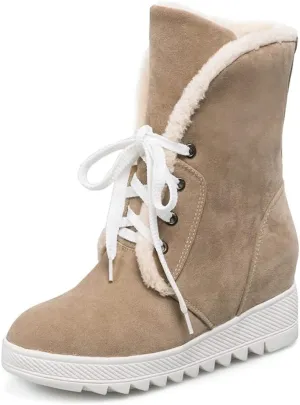 MIOKE Women's Suede Wedge Dressy Ankle Boots Round Toe Lace Up Platform Chunky High Heel Winter Short Bootie