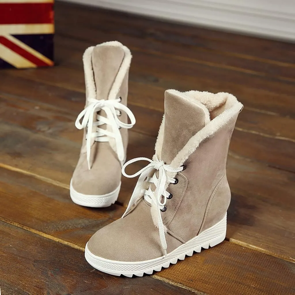 MIOKE Women's Suede Wedge Dressy Ankle Boots Round Toe Lace Up Platform Chunky High Heel Winter Short Bootie