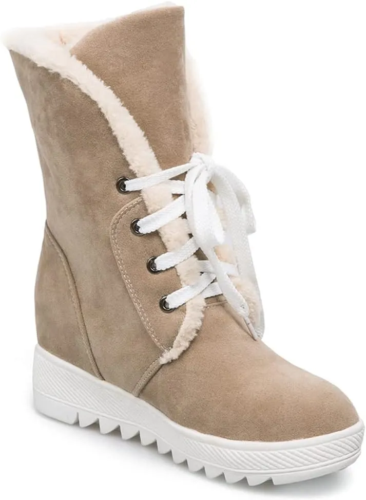 MIOKE Women's Suede Wedge Dressy Ankle Boots Round Toe Lace Up Platform Chunky High Heel Winter Short Bootie