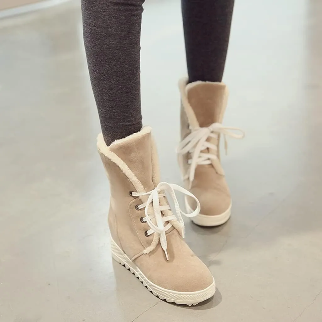 MIOKE Women's Suede Wedge Dressy Ankle Boots Round Toe Lace Up Platform Chunky High Heel Winter Short Bootie