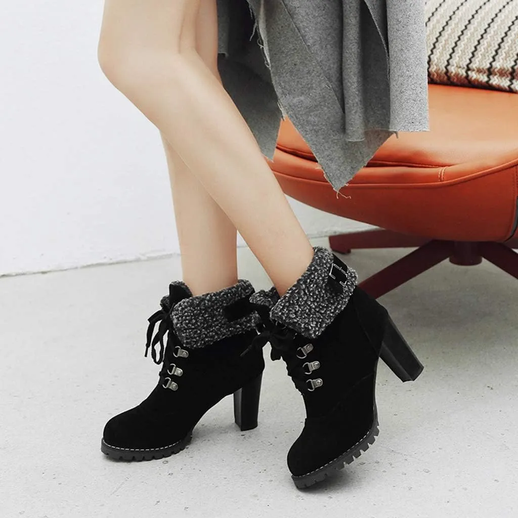 MIOKE Women's Winter Fur Ankle Boots Lace Up Round Toe Cuff Chunky Block High Heel Warm Dressy Short Booties
