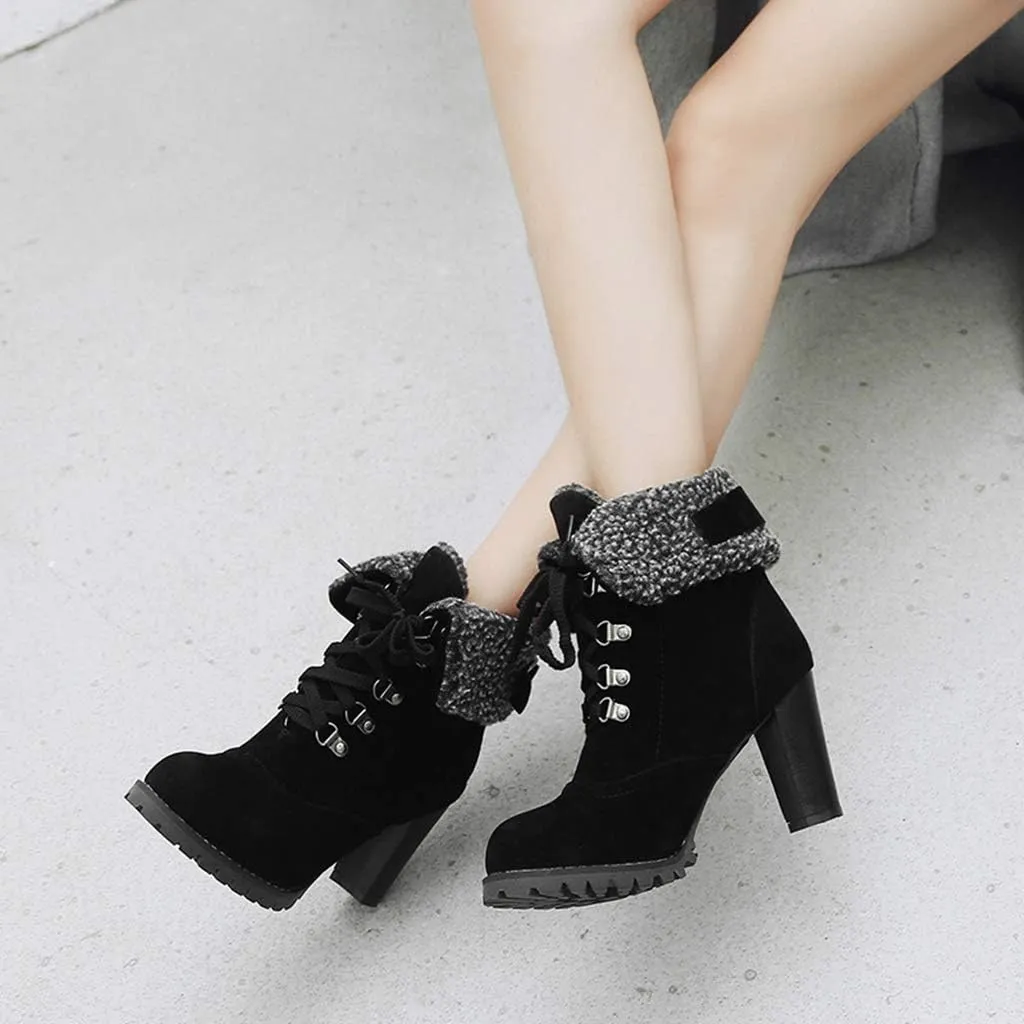 MIOKE Women's Winter Fur Ankle Boots Lace Up Round Toe Cuff Chunky Block High Heel Warm Dressy Short Booties