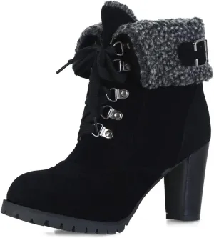 MIOKE Women's Winter Fur Ankle Boots Lace Up Round Toe Cuff Chunky Block High Heel Warm Dressy Short Booties