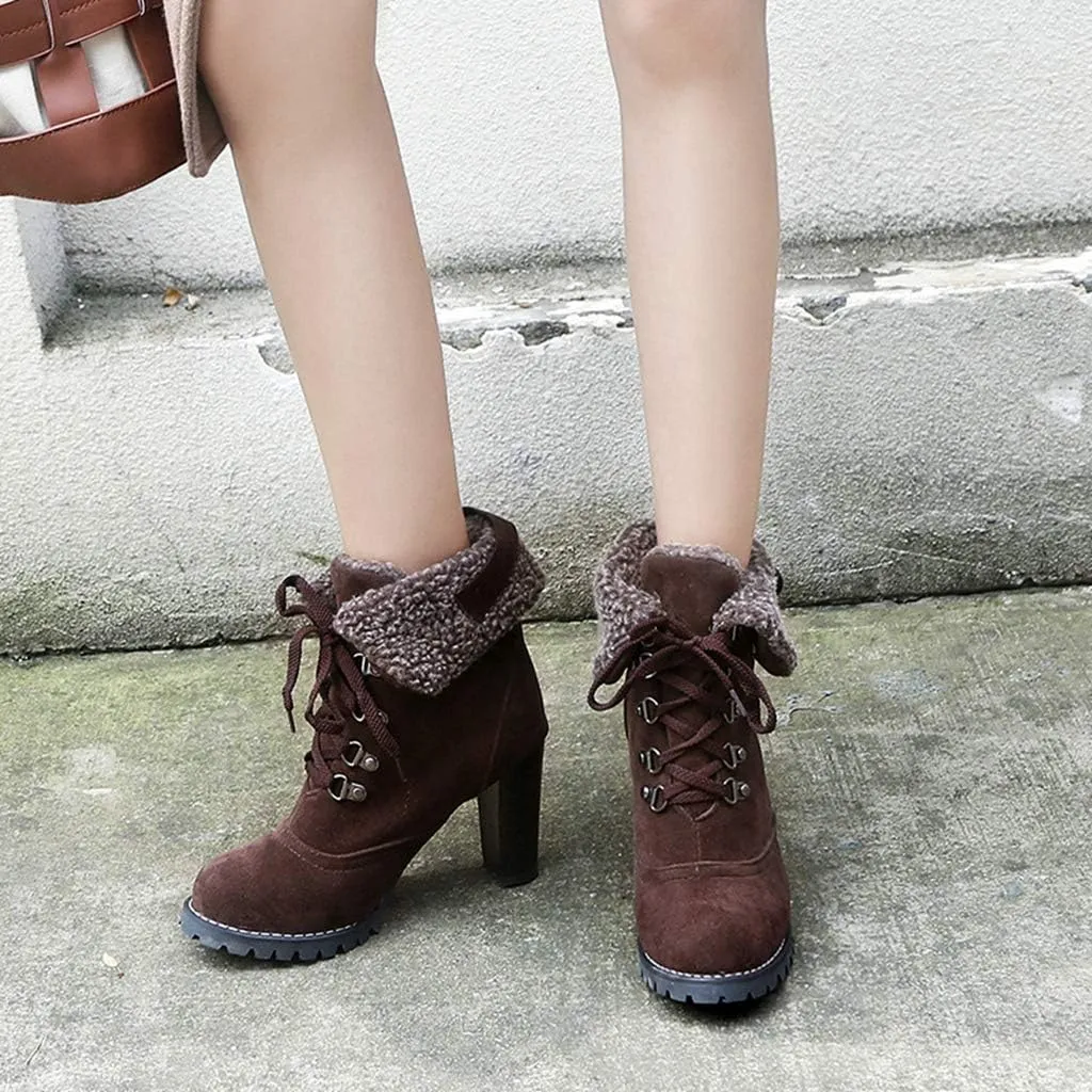 MIOKE Women's Winter Fur Ankle Boots Lace Up Round Toe Cuff Chunky Block High Heel Warm Dressy Short Booties