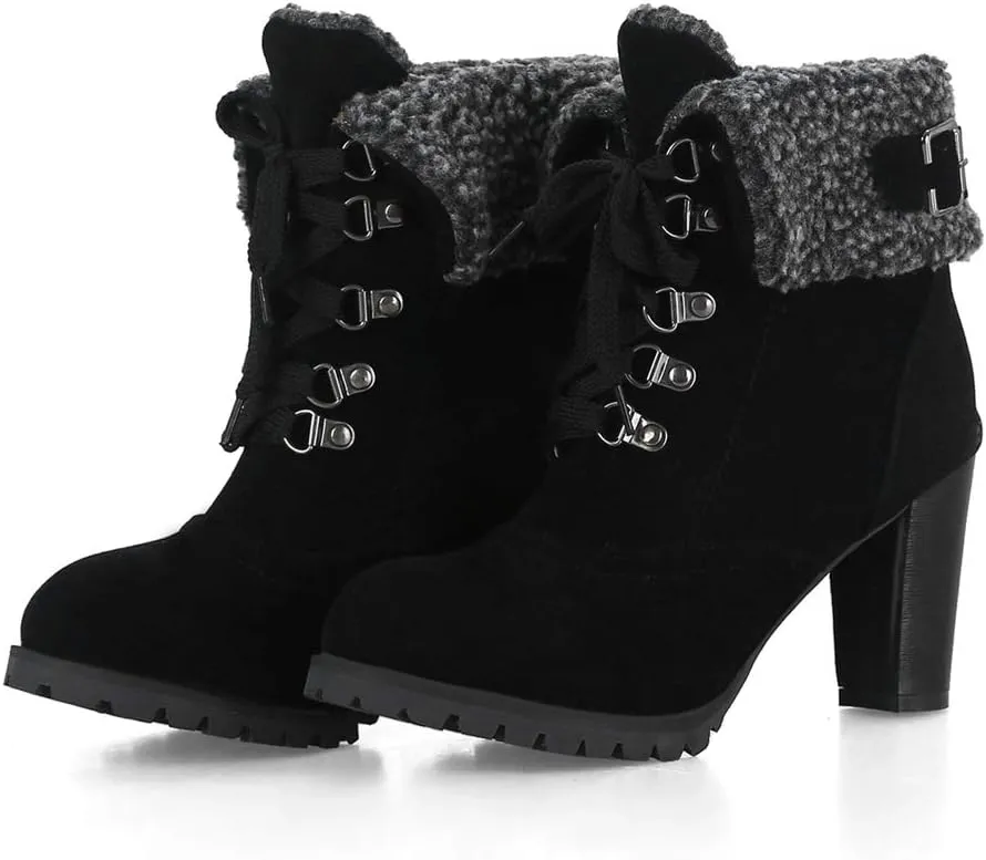 MIOKE Women's Winter Fur Ankle Boots Lace Up Round Toe Cuff Chunky Block High Heel Warm Dressy Short Booties