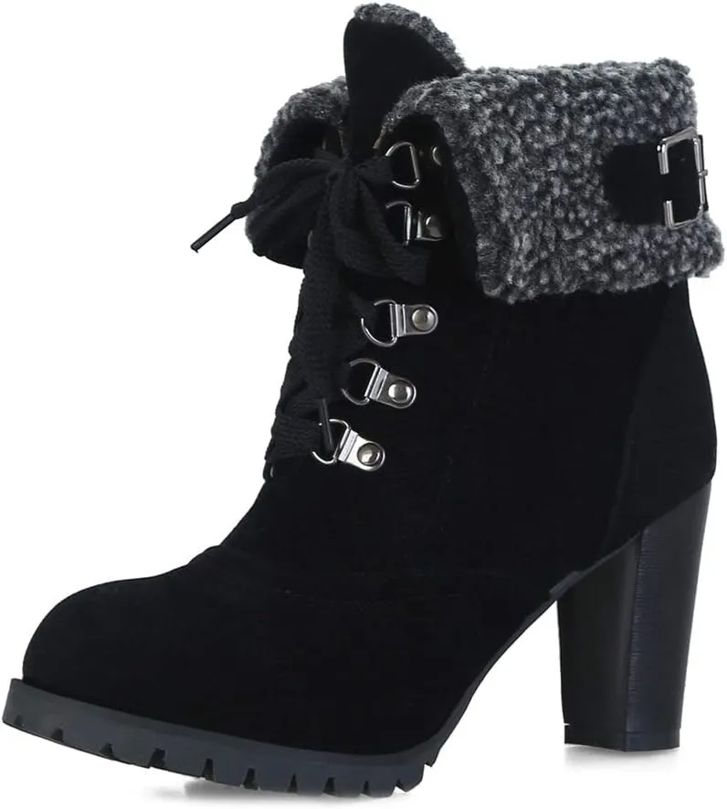 MIOKE Women's Winter Fur Ankle Boots Lace Up Round Toe Cuff Chunky Block High Heel Warm Dressy Short Booties
