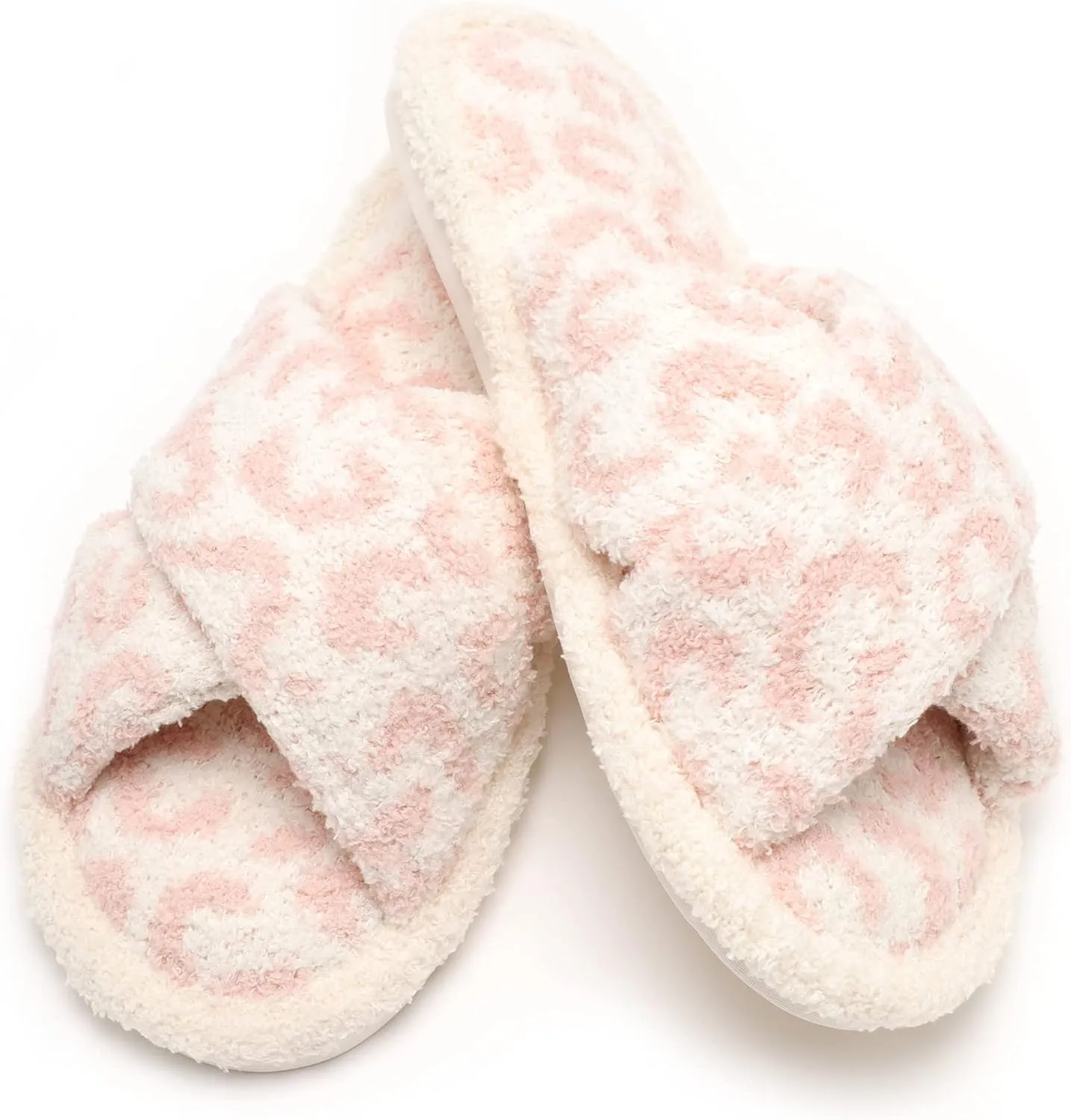 MIRMARU Women’s Animal Print Comfort Fluffy Fuzzy Slip-on House Slippers Open Toe Cross Band Indoor Outdoor Non-Slip Slippers for Women