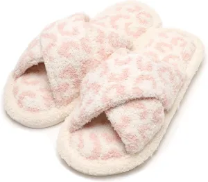 MIRMARU Women’s Animal Print Comfort Fluffy Fuzzy Slip-on House Slippers Open Toe Cross Band Indoor Outdoor Non-Slip Slippers for Women