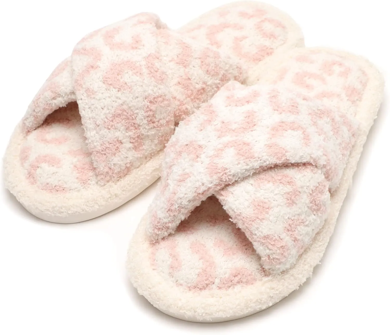 MIRMARU Women’s Animal Print Comfort Fluffy Fuzzy Slip-on House Slippers Open Toe Cross Band Indoor Outdoor Non-Slip Slippers for Women
