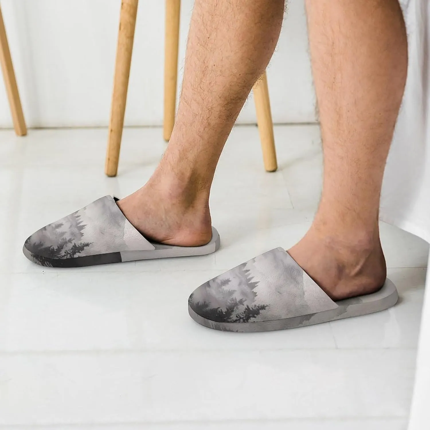 Misty Fog Pine Tree Forest Men's Cotton Slippers Slip-on House Slippers Warm Home Shoses with Rubber Sole
