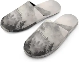 Misty Fog Pine Tree Forest Men's Cotton Slippers Slip-on House Slippers Warm Home Shoses with Rubber Sole