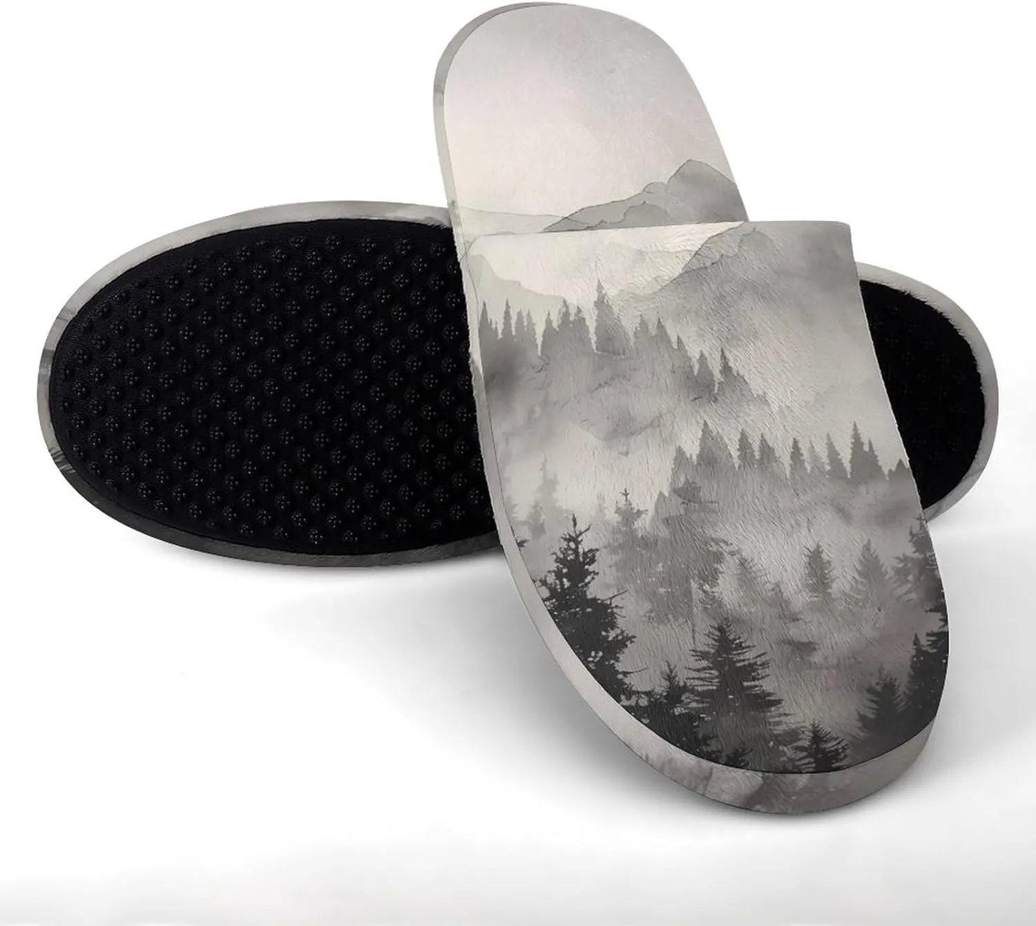 Misty Fog Pine Tree Forest Men's Cotton Slippers Slip-on House Slippers Warm Home Shoses with Rubber Sole