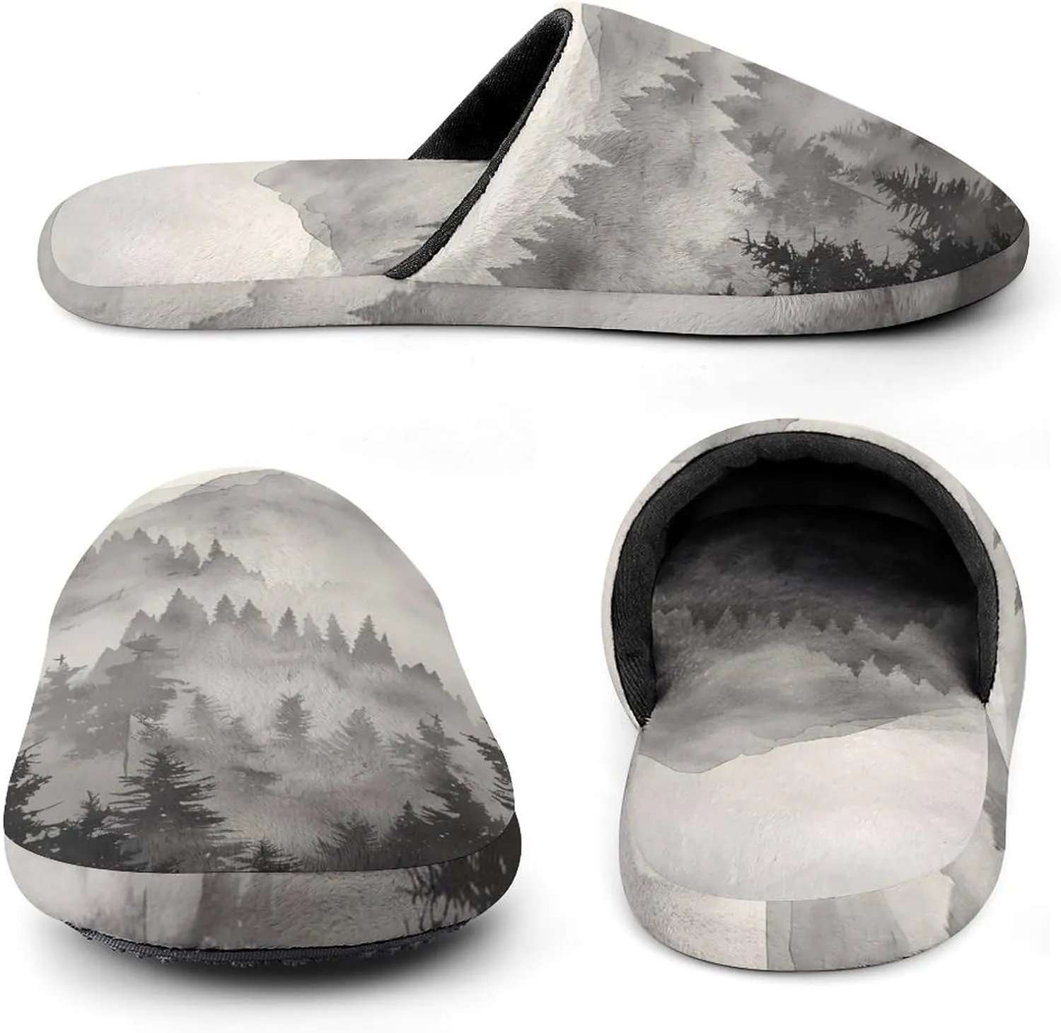 Misty Fog Pine Tree Forest Men's Cotton Slippers Slip-on House Slippers Warm Home Shoses with Rubber Sole