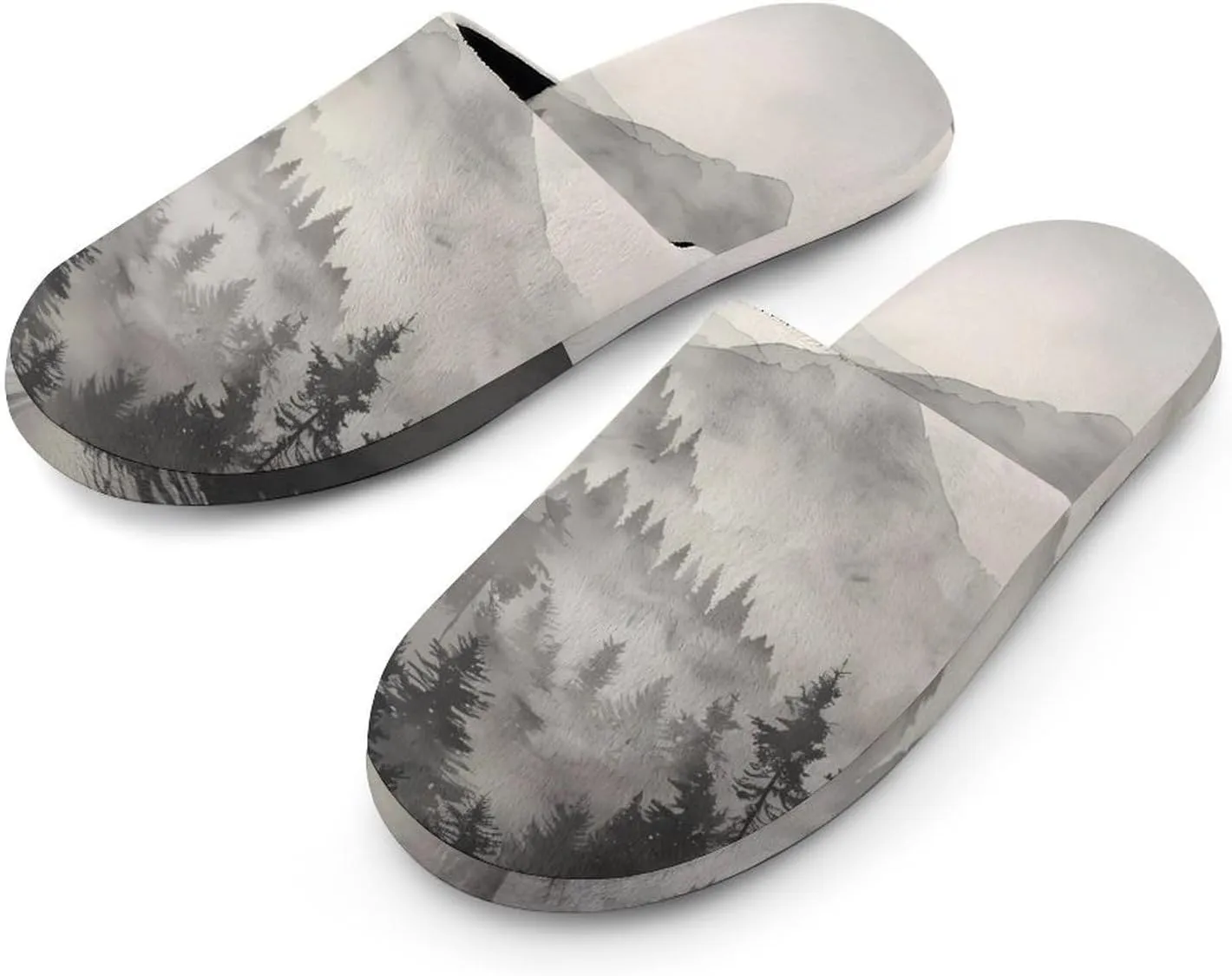 Misty Fog Pine Tree Forest Men's Cotton Slippers Slip-on House Slippers Warm Home Shoses with Rubber Sole