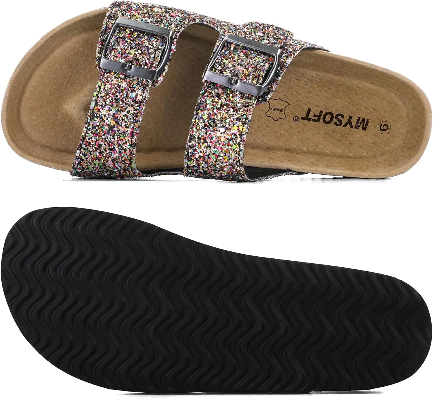 mysoft Womens Flat Sandals Cork Footbed Slides 2 Straps Adjustable Buckle Slip On Summer with  Comfort Shoes