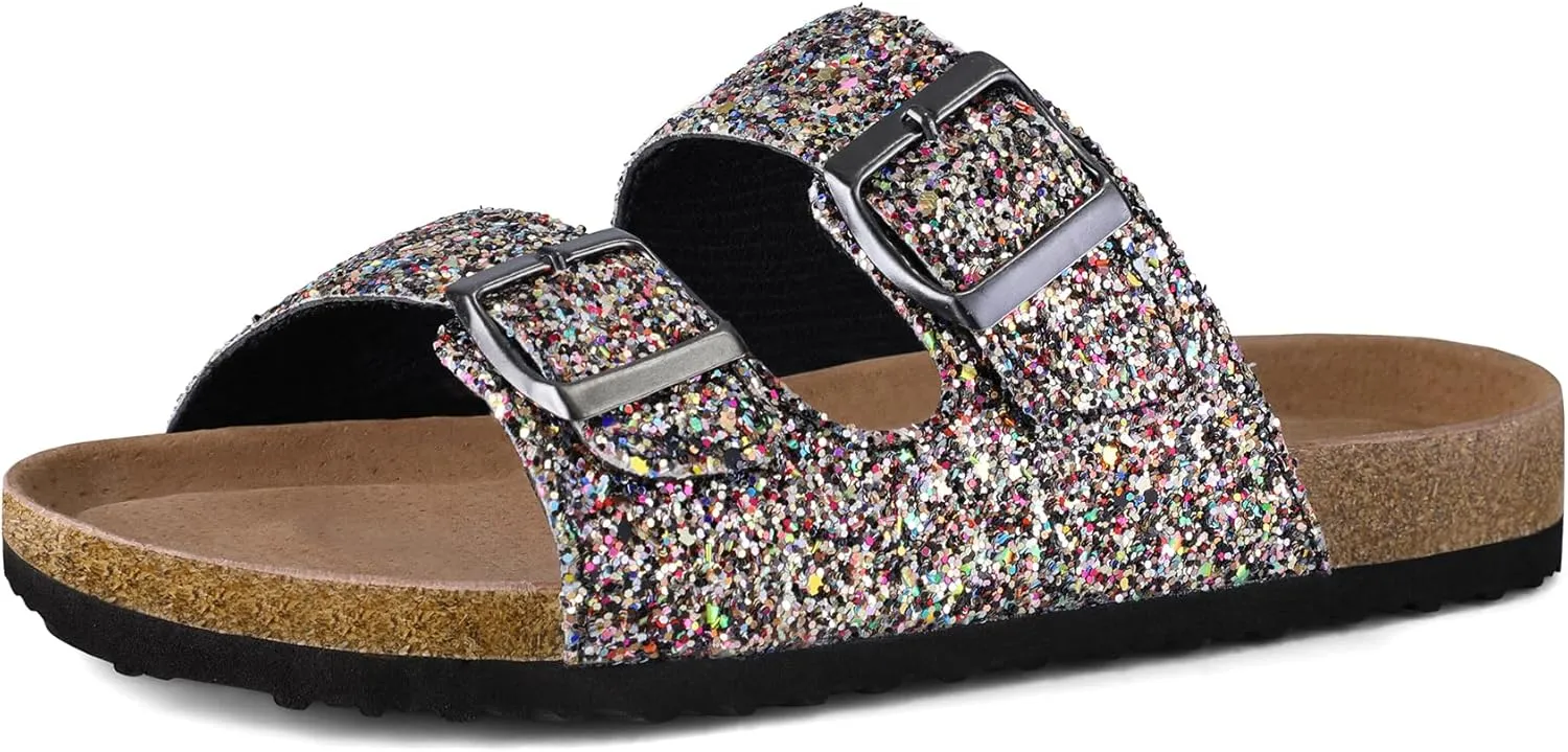 mysoft Womens Flat Sandals Cork Footbed Slides 2 Straps Adjustable Buckle Slip On Summer with  Comfort Shoes