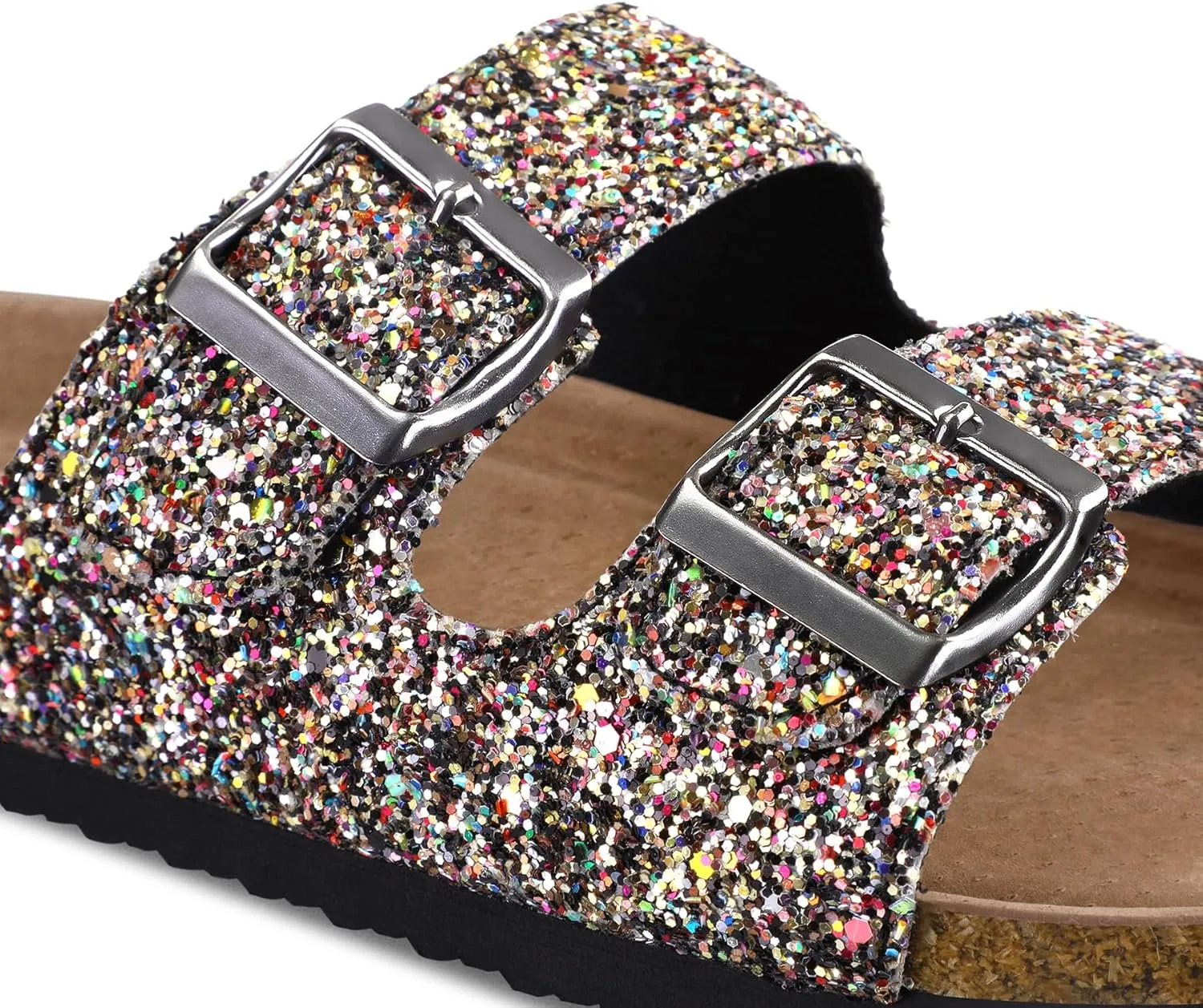 mysoft Womens Flat Sandals Cork Footbed Slides 2 Straps Adjustable Buckle Slip On Summer with  Comfort Shoes