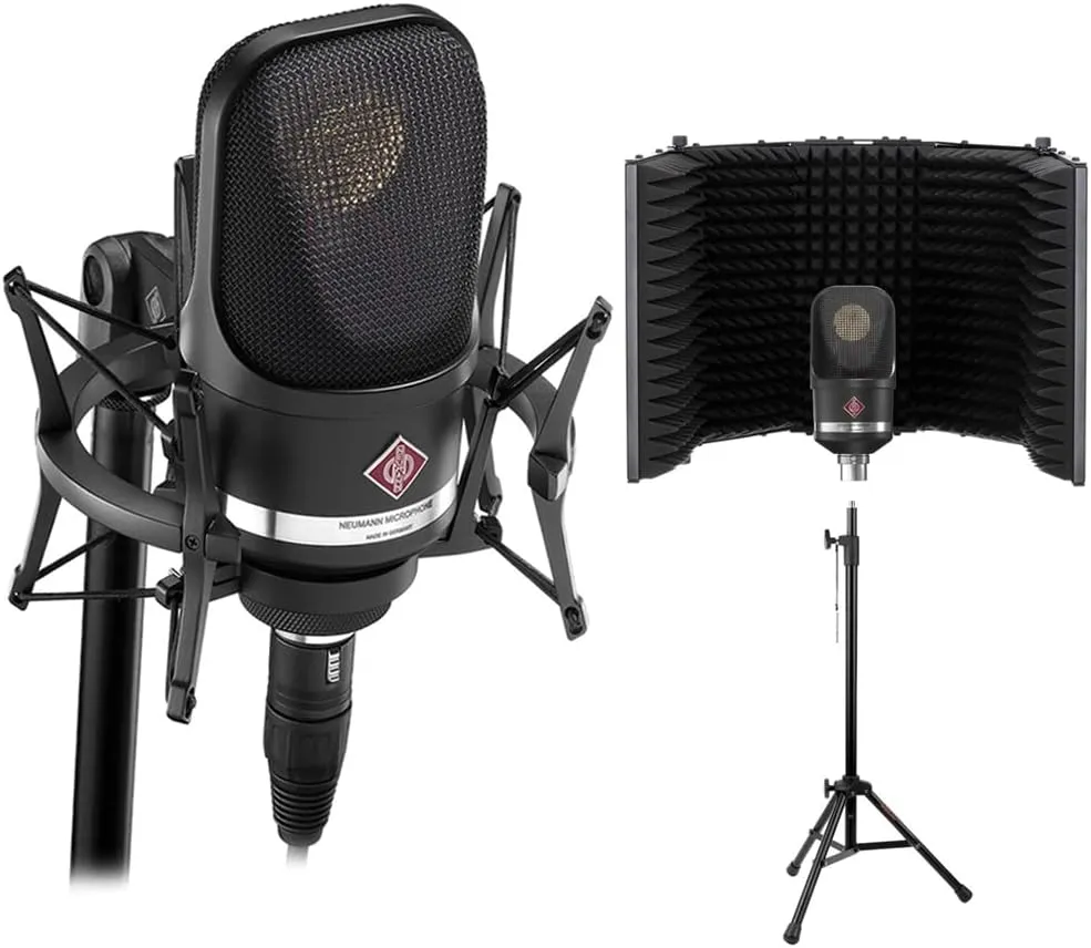 Neumann TLM 107 Studio Set Instrument Condenser Microphone (Black) Bundle with Auray RF-5P-B Reflection Filter and Reflection Filter Tripod Mic Stand