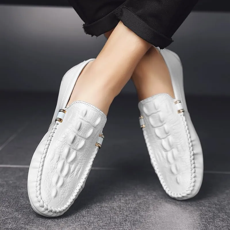 New Men's Loafers Round Toe Solid Color Crocodile Print Loafer Shoes Comfortable Flat Heel Flexible Fashion Casual Slip-on