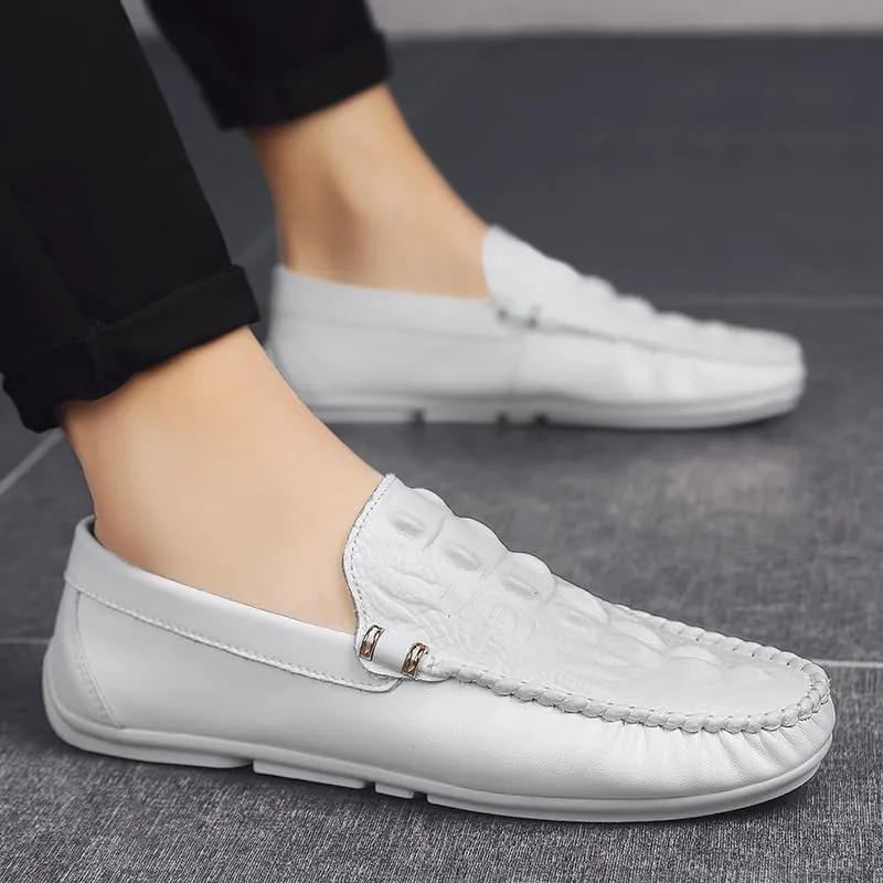 New Men's Loafers Round Toe Solid Color Crocodile Print Loafer Shoes Comfortable Flat Heel Flexible Fashion Casual Slip-on