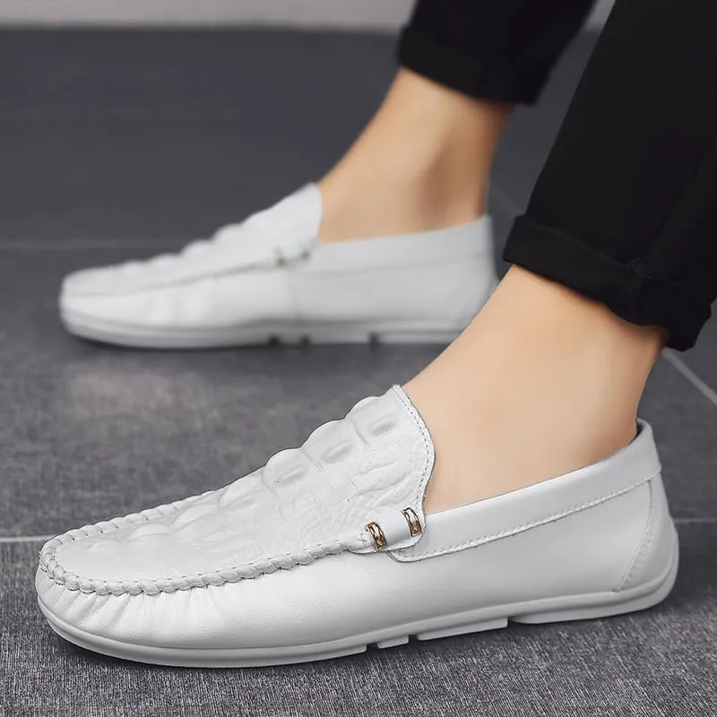 New Men's Loafers Round Toe Solid Color Crocodile Print Loafer Shoes Comfortable Flat Heel Flexible Fashion Casual Slip-on