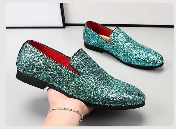 New Mens Loafers Shoe Pointed Toe Shiny PU Leather Smoking Shoes Slip Resistant Flat Heel Flexible Fashion Slip-on
