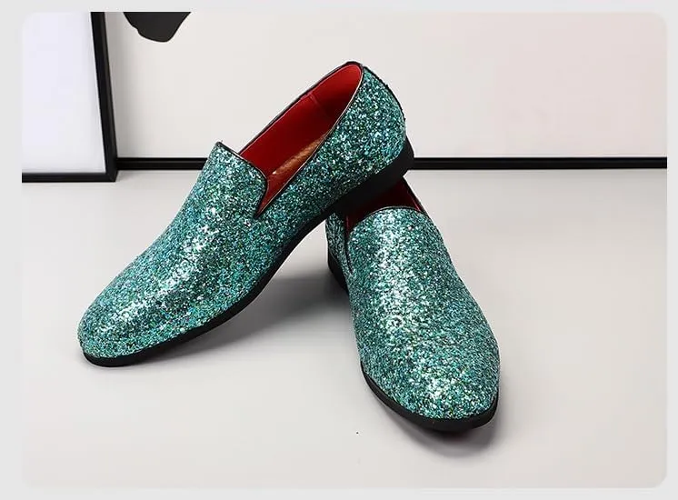 New Mens Loafers Shoe Pointed Toe Shiny PU Leather Smoking Shoes Slip Resistant Flat Heel Flexible Fashion Slip-on