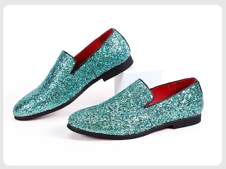 New Mens Loafers Shoe Pointed Toe Shiny PU Leather Smoking Shoes Slip Resistant Flat Heel Flexible Fashion Slip-on
