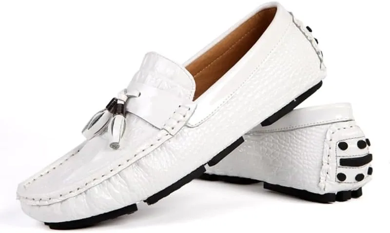 New Men's Loafers Shoes Round Toe PU Leather Crocodile Print Tassel Driving Loafers Flat Heel Anti-Slip Flexible Outdoor Slip-ons