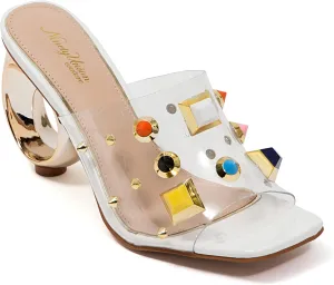 Ninety Union Vegas Lucite Multicolor Stone Slide On a Gold Circular Heel