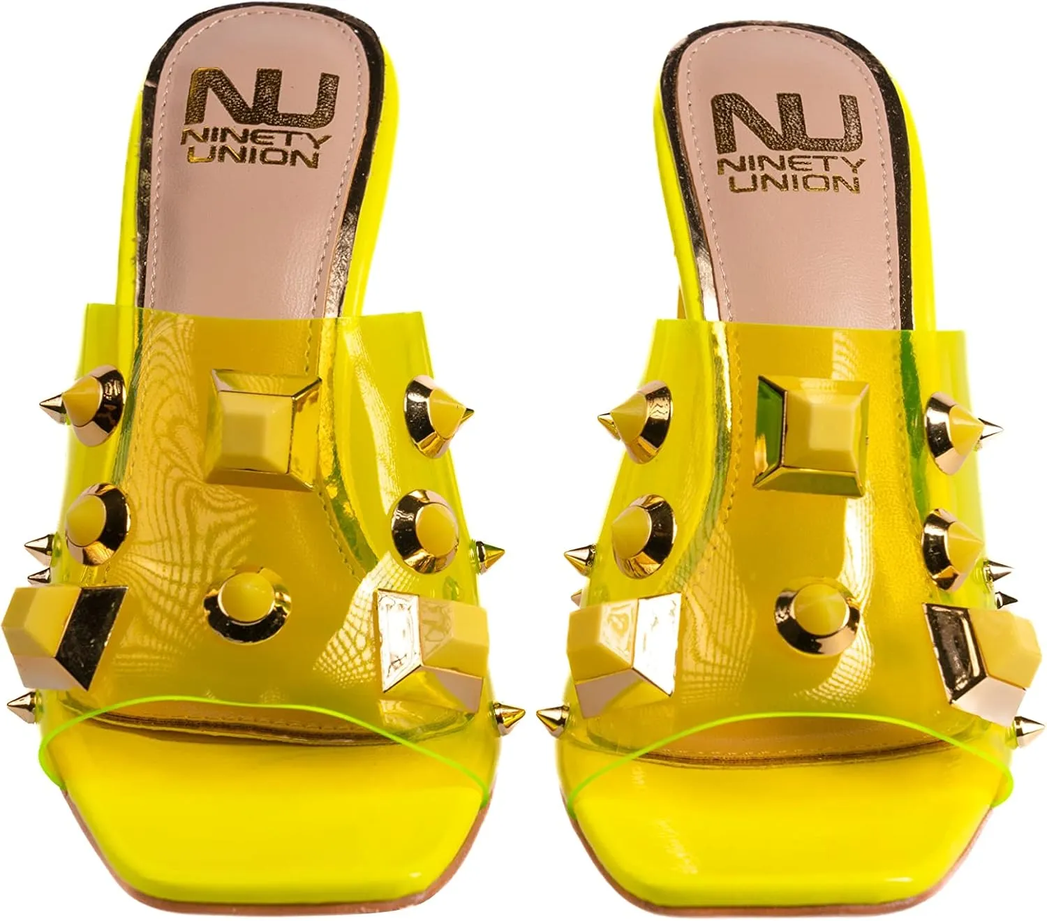 Ninety Union Vegas Lucite Multicolor Stone Slide On a Gold Circular Heel