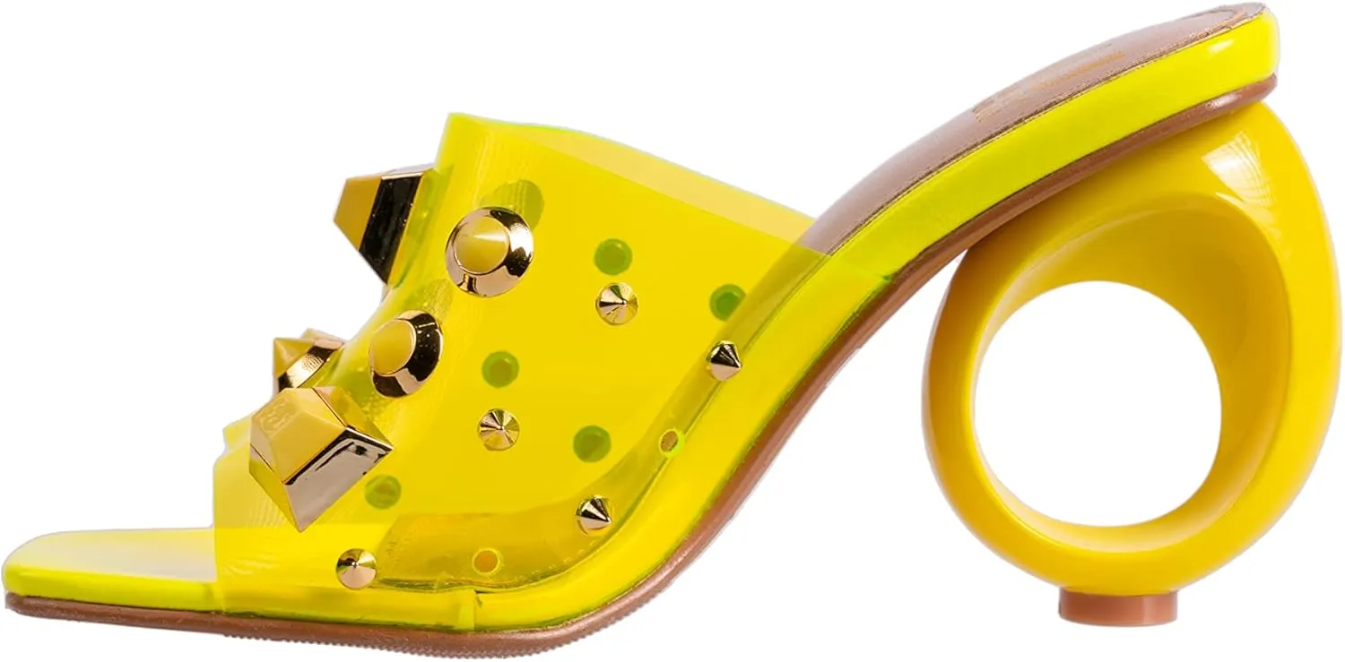 Ninety Union Vegas Lucite Multicolor Stone Slide On a Gold Circular Heel