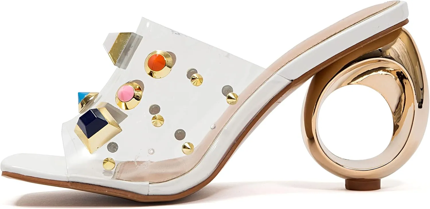 Ninety Union Vegas Lucite Multicolor Stone Slide On a Gold Circular Heel