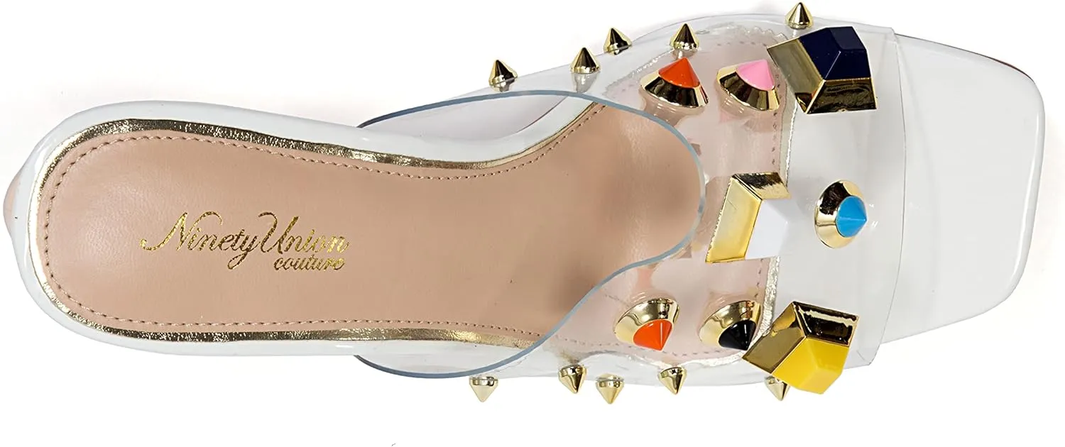 Ninety Union Vegas Lucite Multicolor Stone Slide On a Gold Circular Heel