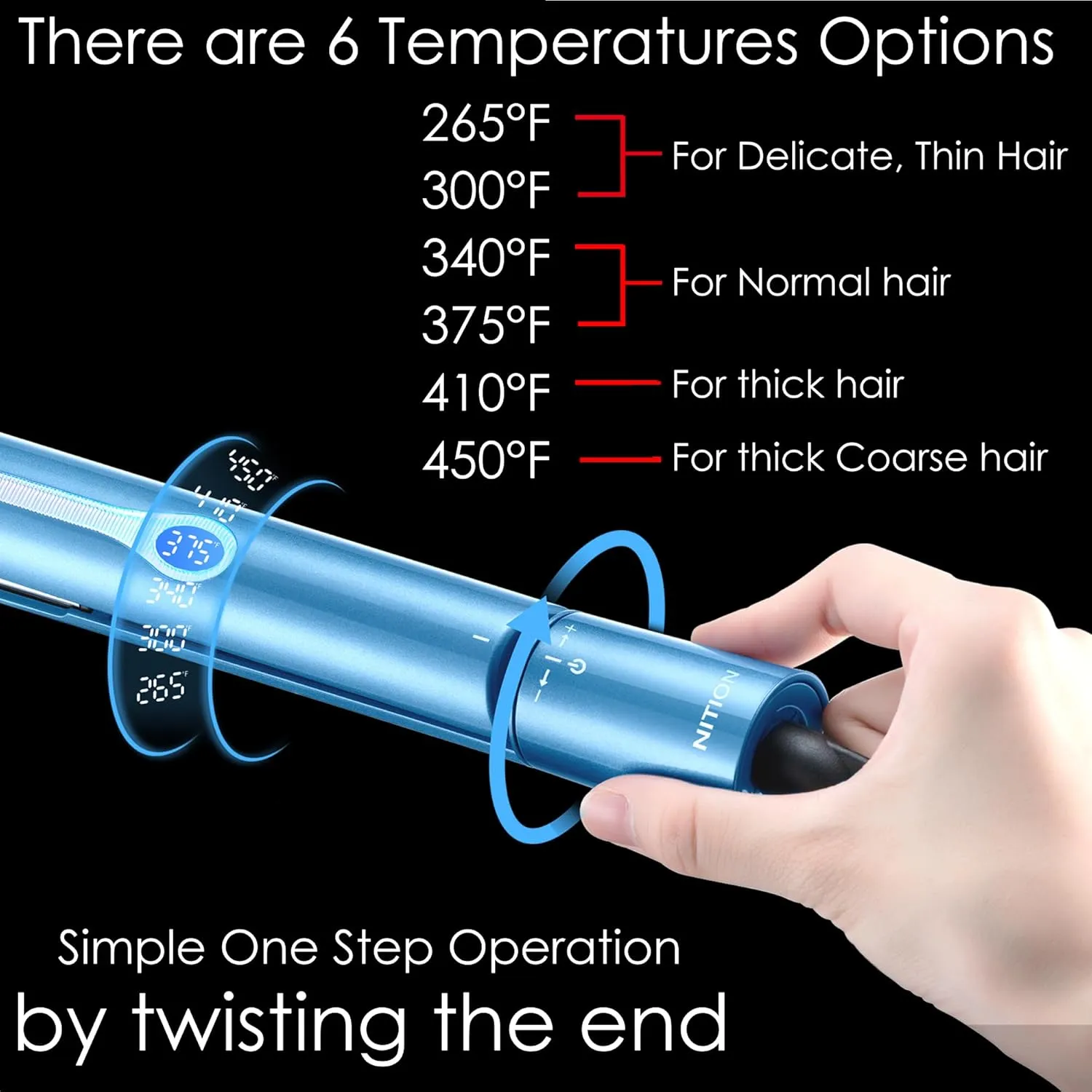 NITION Nano Titanium Hair Straightener 1" Heating Plate Smooth Straightening Flat Iron for Hair. LCD 265-450°F Adjustable for All Hair Type. Travel Pouch Bag Included. MCH Fast Heating Up. Blue